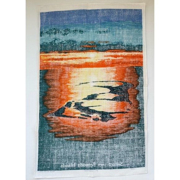 Vintage Ulster Linen Tea Towel Tapestry Wall Hanging Sunset Over Bermuda Islands - Picture 3 of 3
